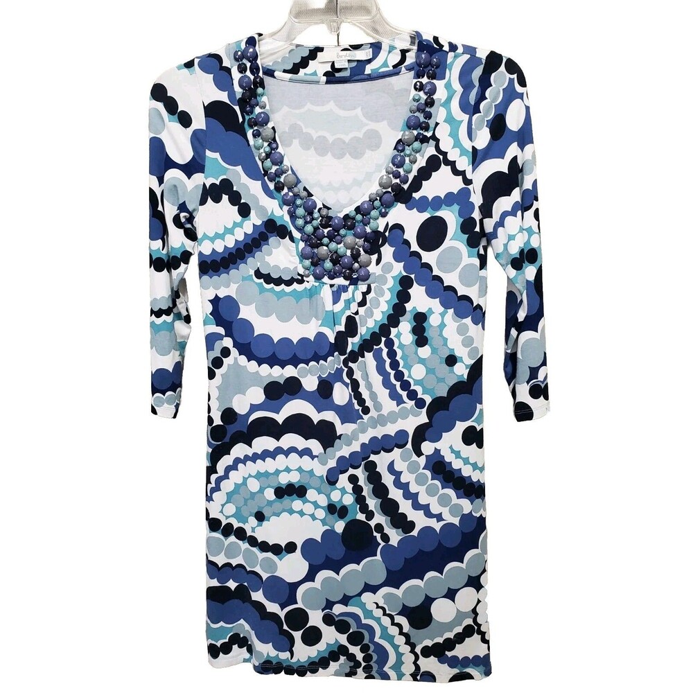 Boden Bedazzled Neckline Jersey Knit Geo Print 3/4 Sleeve Shift Dress Size US 4